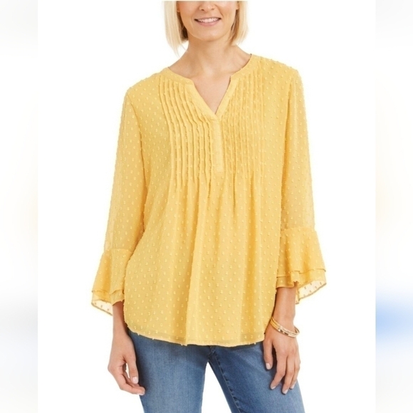NWT Charter Club Women's Double-Ruffled Textured Bell Sleeve Yellow Blouse Large - Picture 1 of 7